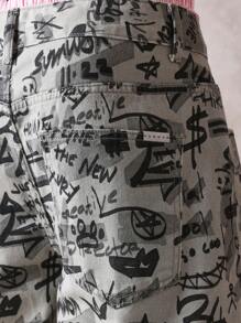 SUMWON Wide Leg Denim Graffiti Print Jorts Urban Street Style Skater Loose Fit Summer Knee Length Shorts Money Pattern Dollar Sign Baggy Street Basketball - Multicolor - View 7