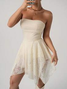 SHEIN ICON 女式露肩荷叶边不对称下摆迷你连衣裙，方领褶饰 - 杏色 - 查看 3