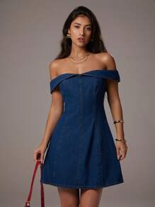 Avantive Summer Women Navy Blue Autumn Casual Date Off Shoulder Mini Denim Dress,Elegant Sleeveless A Line Bodycon Birthday Wedding Guest Cocktail Outfits - Blue - View 3