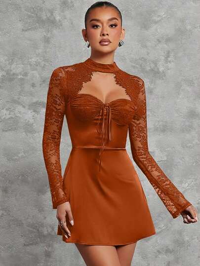Hauture Vestido de fiesta mini de manga larga con adorno de encaje negro