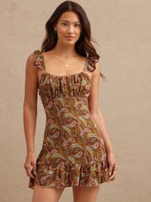 WESTFADE Váy ngắn nhún bèo tay bồng Paisley Chiffon Boho Cowgirl Nashville Rodeo Vacation Outfit - màu nâu - Xem 3