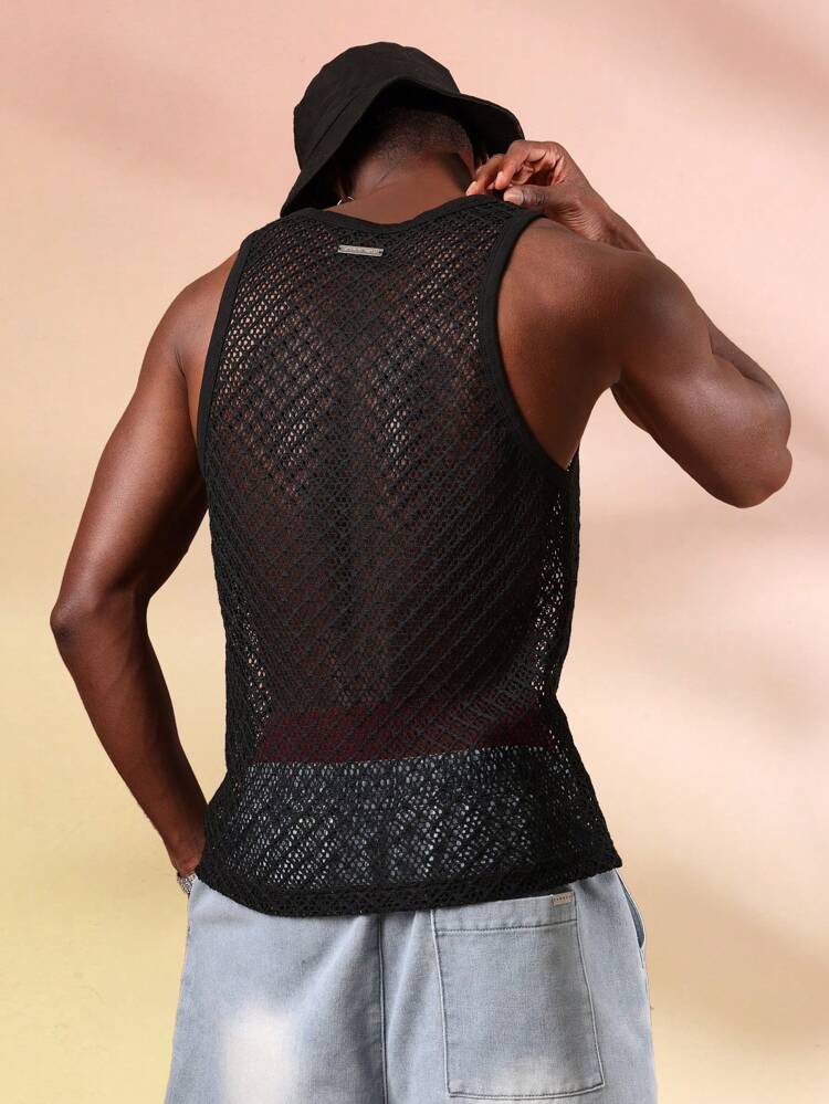 Camiseta sin mangas para hombre con estampado de malla de punto abierto y dobladillo con volantes