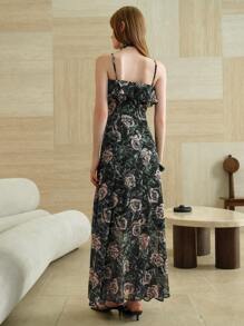 SHEIN LUNE 优质优雅慵懒度假通勤绿色花卉印花荷叶边下摆女式长裙 - 黑色 - 查看 5
