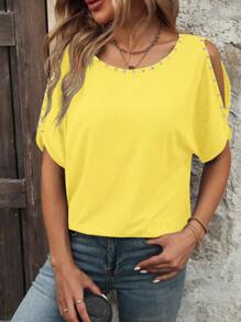 EMERY ROSE Women Off-Shoulder Short Sleeve Casual T-Shirt, Summer - Yellow - View 6