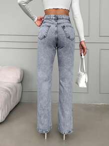 EURMUSE 100%Cotton High Waist Split Hem Straight Leg Jeans - Light Wash - View 2