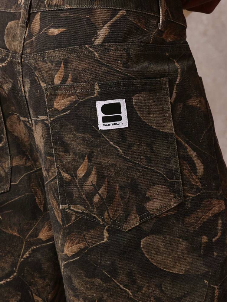Regular Fit Distressed Camouflage Leaf Pattern Denim Shorts