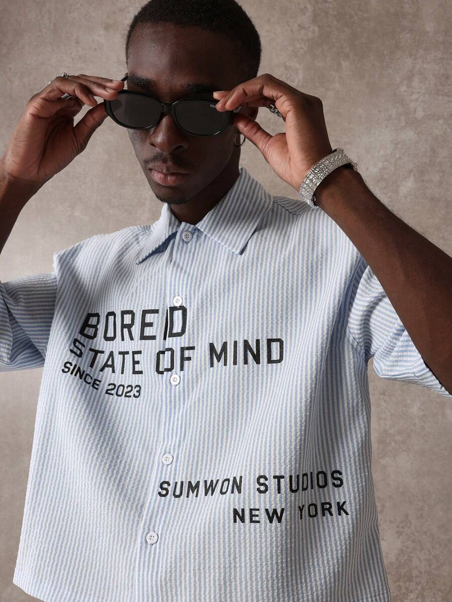 SUMWON Studios Boxy Button Down Lifestyle Statement Shirt Seersucker Striped Summer Casual Loose Fit Street Style High Fashion Designer Shirt
