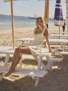 Aralina Women Solid Color Sleeveless Ruffled Sleeve Back Tie Open Back Mini Dress, For Summer - White - View 9