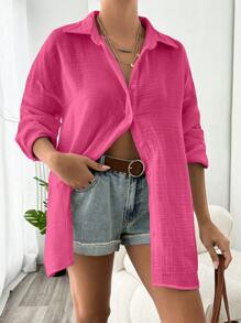 SHEIN Cottnline Shirt With Plain Drop Shoulder Button At Front - Pink - View 3