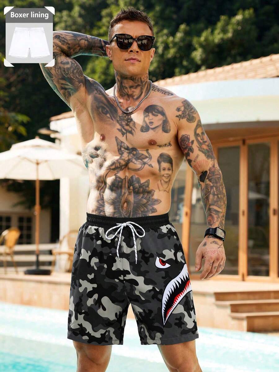 Manfinity Swimmode Men's Camo Print Drawstring Waist Beach Shorts, Hawaiian - Multicolor - View 1