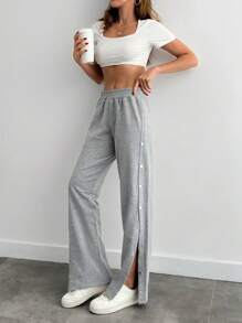 EURMUSE Cotton Wide Leg Side Detailed Sweatpant Linen - Light Grey - View 5