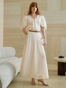 SHEIN LUNE 女士夏季优雅雪纺荷叶边亮片波点泡泡袖上衣和高腰中长裙两件套，海岛度假装，女士夏季装，女士两件套