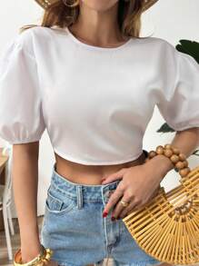 EURMUSE VOLUME SHOULDER SHORT SLEEVE BACK TIE UP CROP BLOUSE - White - View 5
