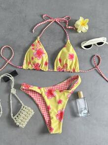 Swim Mod Bộ đồ bơi bikini 2 mảnh họa tiết hoa thường ngày đi biển dành cho nữ, đồ bơi - Màu vàng - Xem 1