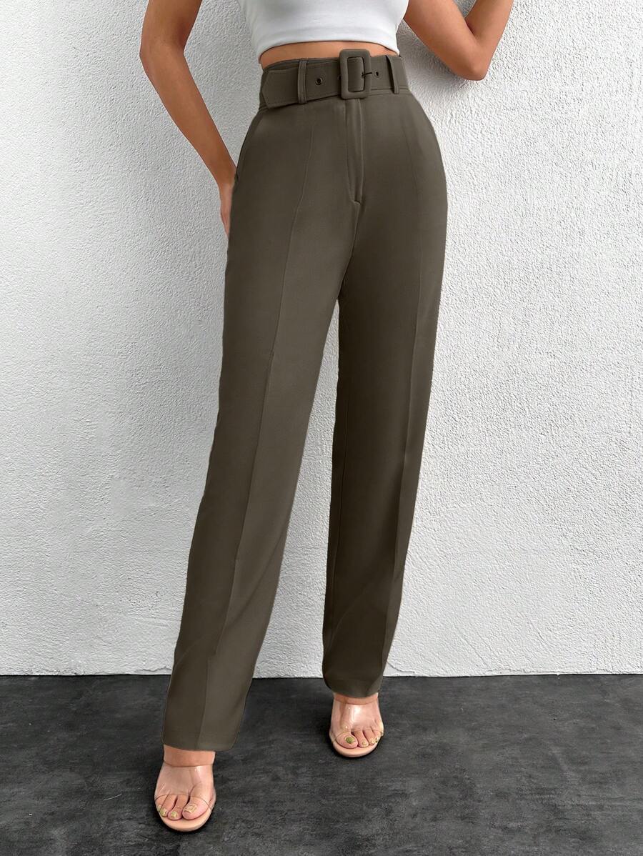 EURMUSE Women's Solid Color High Waist Keyhole Buckle Straight Leg Casual Pants - Army Green - View 1