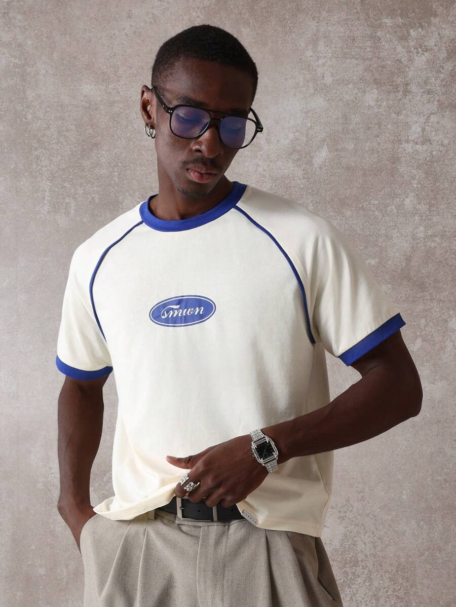 SUMWON Vintage Sport Aesthetic Ringer T-Shirt Retro Raglan Baseball Style Logo Short Sleeve Athletic Casual Summer Spring Top - Apricot - View 1