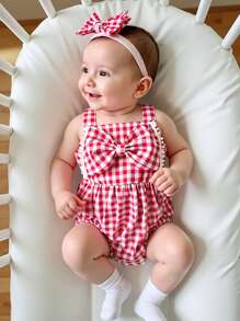 SHEIN Mono Mono para bebé niña con volantes y lazo a cuadros rojos, para verano