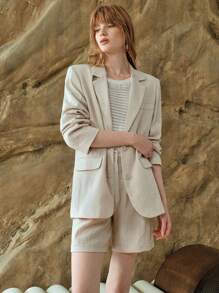 SHEIN Women's Linen Solid Color Lapel Long Sleeve Casual Blazer Jacket, Suitable For Commuting And Outdoor, Spring/Summer - Apricot - View 7