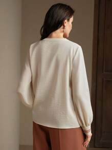 Anewsta Blusa elegante de manga larga con cuello redondo, botones y ajuste holgado con bordados, de color albaricoque versátil - Albaricoque - Ver 7