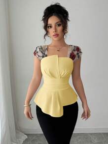 Elenzga 女式高腰不对称网眼刺绣荷叶边上衣