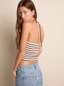 Nöista Striped Crop Top With A V-Shaped Halter Strap And Ruched Detail At The Front, Ideal For A Fresh And Stylish Summer Look. - Multicolor - View 2