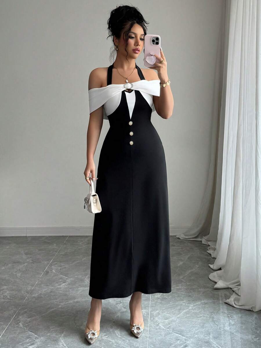 Selianne Luxurious Elegant Vintage Print Party Dress - Black and White - View 1