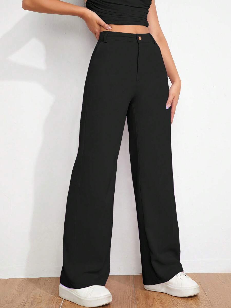 EURMUSE Pantalon droit décontracté de couleur unie pour un port quotidien - Noir - Voir 1