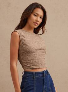 WESTFADE Textured Knit Round Neck Fitted Cap Sleeve Twist Knot Backless Tank Top Summer Beach Vacation Casual Cute - Brown - View 6