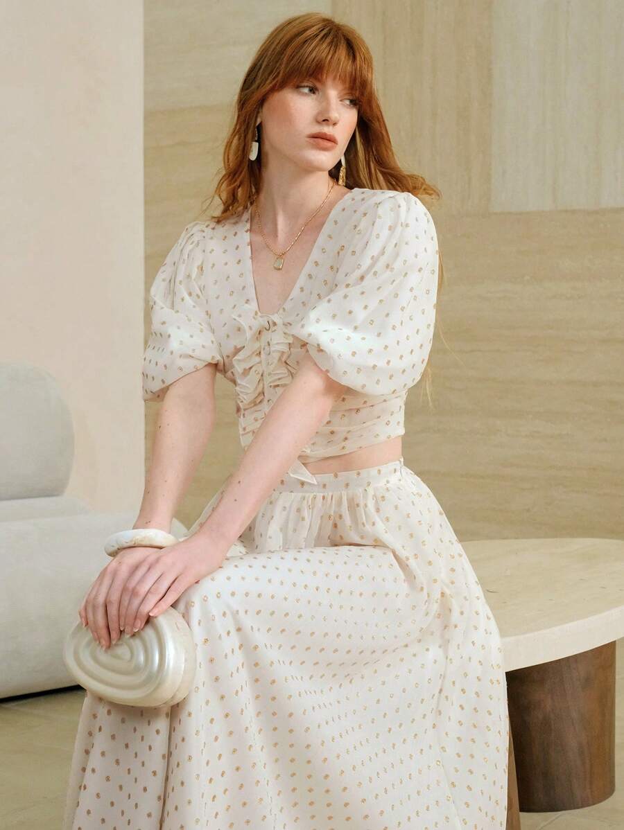 SHEIN LUNE 女士夏季优雅雪纺荷叶边亮片波点泡泡袖上衣和高腰中长裙两件套，海岛度假装，女士夏季装，女士两件套