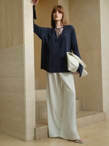 Arave Damen lässige V-Ausschnitt Schleife Vorne Bluse mit Strass verziert an den Ärmeln und Schlitz, elegant für Frühling/Sommer Pendeln