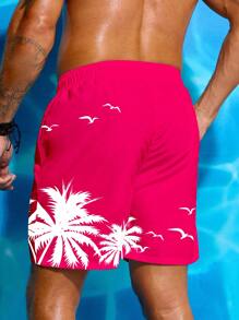 Surfspeed 加大码男士棕榈树印花夏威夷休闲沙滩短裤 - 玫紅色 - 查看 2