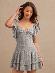 WESTFADE 夏季佩斯利印花荷叶边 V 领层叠修身喇叭迷你牛仔连衣裙 - 彩色 - 查看 3