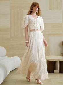 SHEIN LUNE 女士夏季优雅雪纺荷叶边亮片波点泡泡袖上衣和高腰中长裙两件套，海岛度假装，女士夏季装，女士两件套