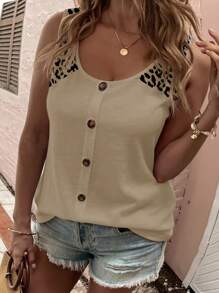 SHEIN Plus Size Women Fashion Leopard Print Round Neck Button Top - Khaki - View 1