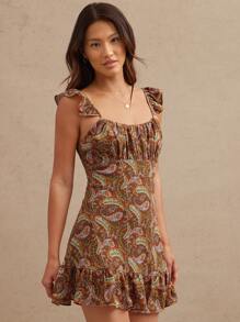 WESTFADE Váy ngắn nhún bèo tay bồng Paisley Chiffon Boho Cowgirl Nashville Rodeo Vacation Outfit - màu nâu - Xem 1