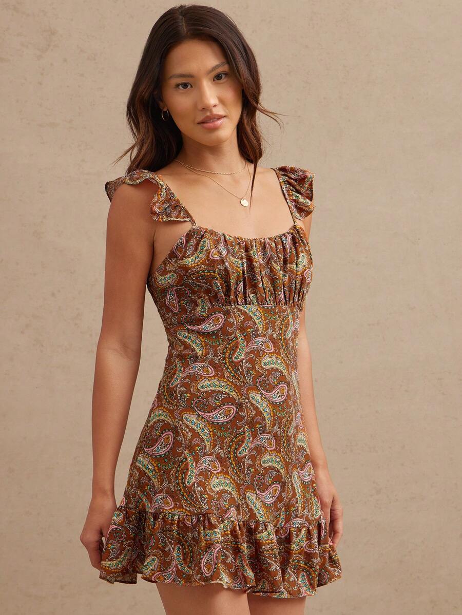 WESTFADE Váy ngắn nhún bèo tay bồng Paisley Chiffon Boho Cowgirl Nashville Rodeo Vacation Outfit - màu nâu - Xem 1