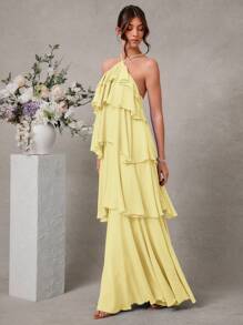 L'Amorae Elegant Romantic Wedding Guest Solid Halter Tiered Chiffon Maxi Dress
