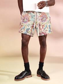 SUMWON Pantalones cortos de verano de ajuste regular con estampado de tapiz, con sensación de lino, relajados con cordón, clásicos y casuales, para playa, resort, uso diurno transpirable