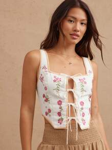 WESTFADE Top asimmetrico a costine Country Western estivo, con ricamo floreale, 100% cotone, scollo quadrato, fiocco frontale e retro basso, adatto per la primavera in vacanza