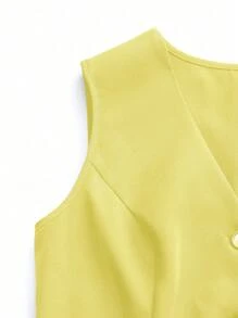 SHEIN Clasi 女士纯色无袖V领时尚背心外套，适合夏季 - 黃色 - 查看 6