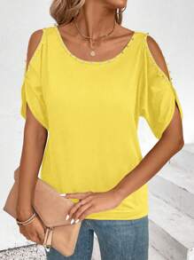 EMERY ROSE Women Off-Shoulder Short Sleeve Casual T-Shirt, Summer - Yellow - View 3