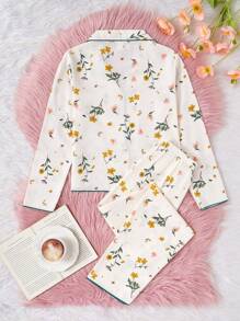 2 件套女童杏色蝴蝶印花长袖开衫和长裤休闲舒适家居服套装 - 杏色 - 查看 2