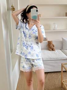 Conjunto de prendas de estar en casa de 2 piezas para adolescentes, con un cárdigan de manga corta con estampado floral francés y ribete de encaje y pantalones cortos, de estilo lujoso y cómodo - Blanco - Ver 1