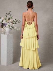 L'Amorae Elegant Romantic Wedding Guest Solid Halter Tiered Chiffon Maxi Dress