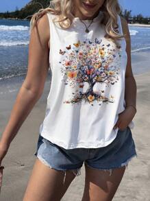 EMERY ROSE Plus Size Women Casual Floral, Tree & Butterfly Pattern Round Neck Tank Top, Suitable For Summer - White - View 5