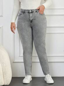 EURMUSE 97% Cotton Plus High Waist Mom Fit Jeans - Grey - View 4