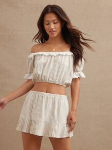 WESTFADE 细条纹和孔眼刺绣露肩短款泡泡袖短款波西米亚牛仔上衣夏季海滩度假纳什维尔西部风 - 杏色 - 查看 3