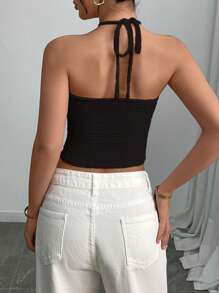 INAWLY Women's Sleeveless Solid Color 3D Floral Decorative Crop Top