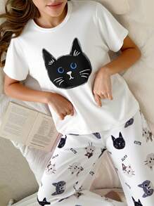 SHEIN 4 件套少女睡衣套装，短袖上衣和长裤，可爱的兔子和猫咪图案，柔软舒适的面料，简约风格，易于混搭，适合所有季节（2 套单独出售） - 彩色 - 查看 9