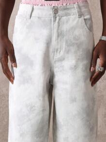 SUMWON Wide Leg Jorts Denim Bermuda Jorts With Abstract Print Street Urban Style Summer Skateboard Festival Straight Cut Jean Shorts For Men - Grey - View 6